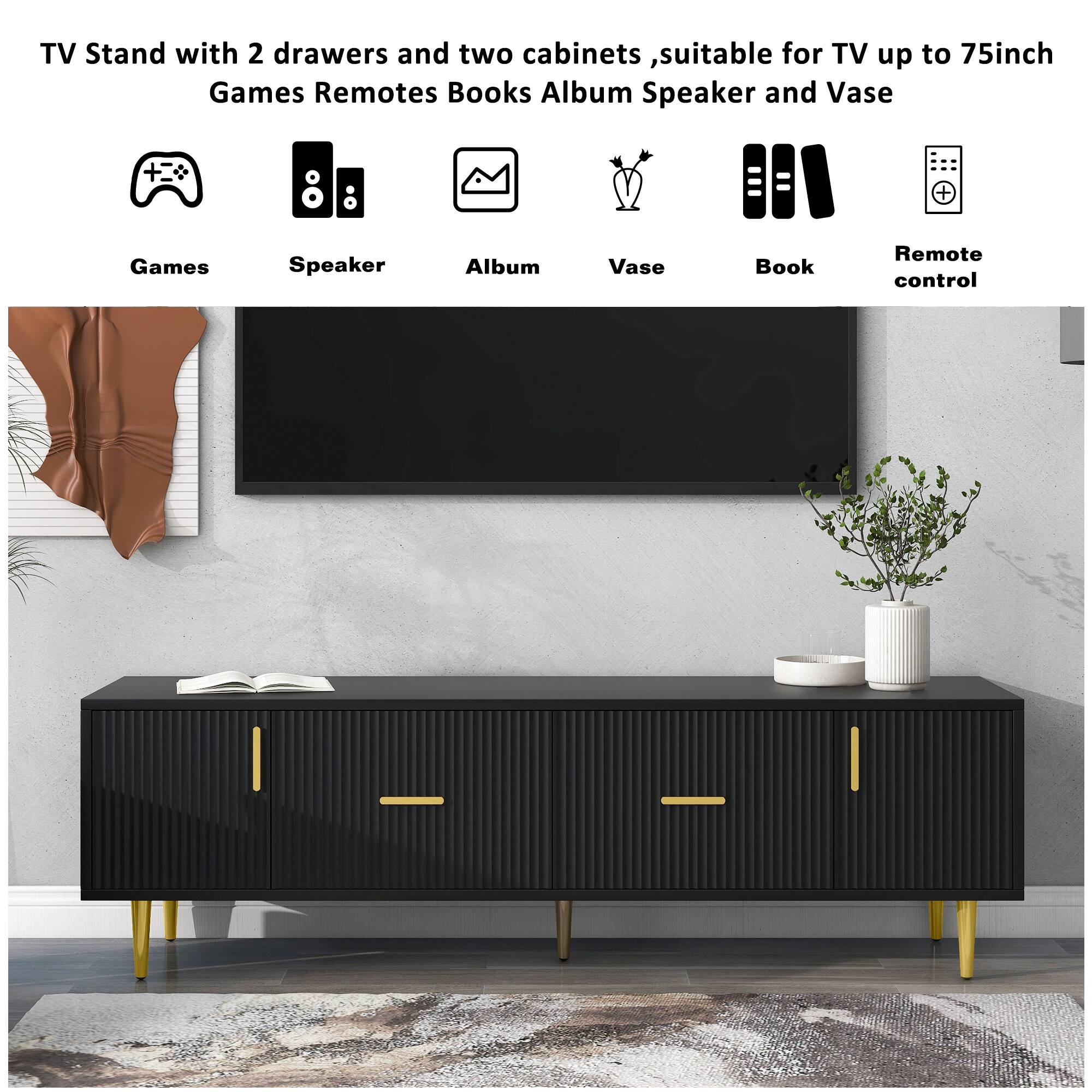 BohemianModern Wall Mounted TV Stand LED Lights, UV Rattan Design